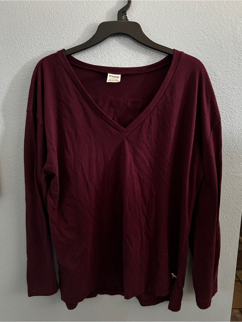 PINK Victoria's Secret Deep Burgundy V-Neck Long Sleeve Top Size L